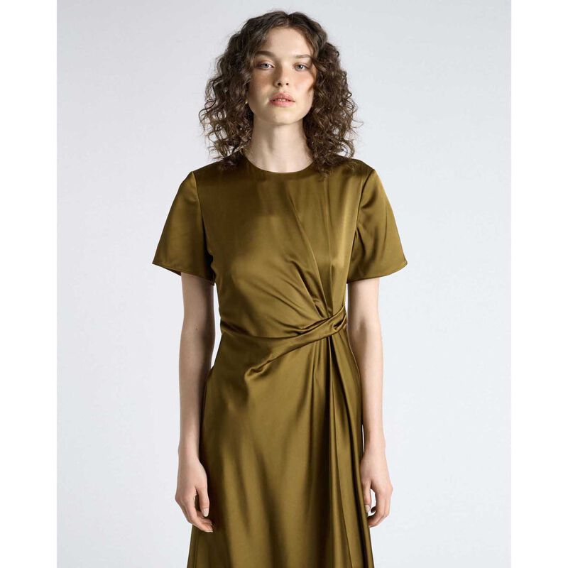 Cue Chartreuse Matte Satin Viscose Draped Midi Dress image number 3